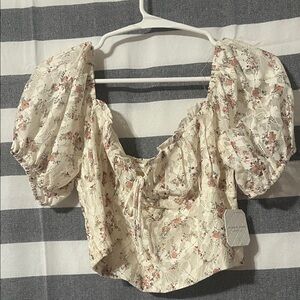 Altar'd State Cream Floral Puff Sleeve Blouse